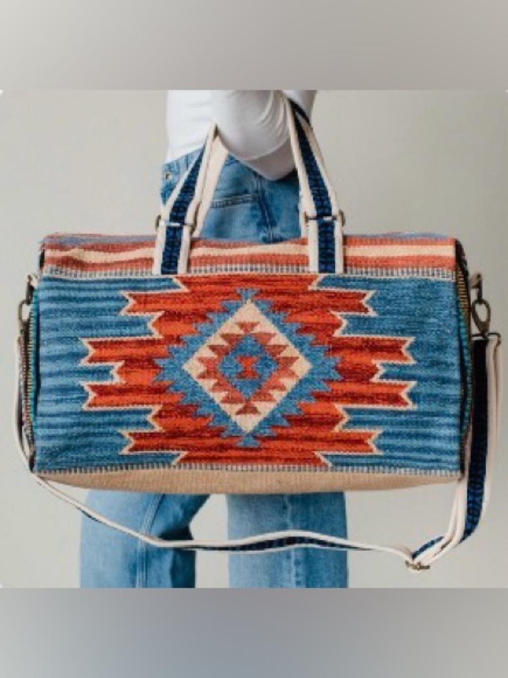 Woven Aztec Pattern Tote Bag in Blue & Orange